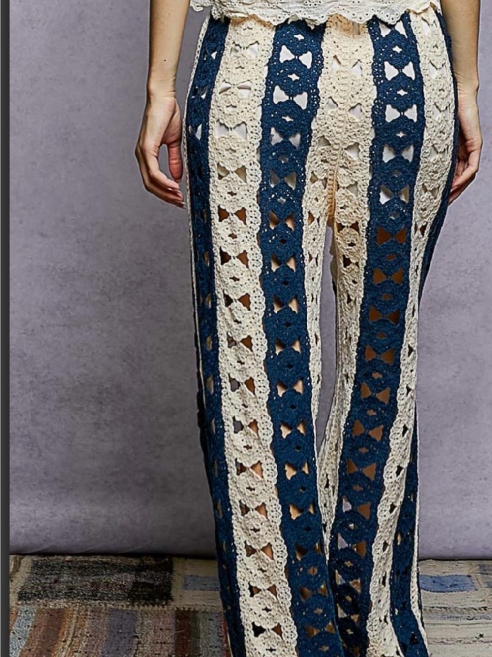 Crochet Wide-Leg Pants in Navy and Cream - Picture 2 of 4
